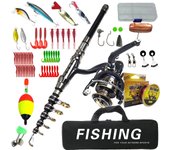 Equipo de pesca para lanzamiento a larga distancia ZURYP: Caña Haiku con cebo blando, pececillo, anzuelo y línea. Small rod and reel set, 1.8m