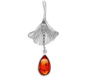 Les Trésors De Lily [R5463] - Pendentif argent artisanal 'Ginkgo Biloba' ambre argenté (rhodié) - 44x18 mm