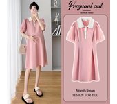 Vestido premamá POLO con bolsillo de parche - Manga corta de verano, corte holgado, estilo retro L (100-130 lbs)