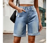 Pantalones cortos vaqueros de cinco minutos, rotos y enrollados, de moda para mujer. L azul