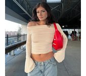 Camiseta informal ajustada con cuello barco para mujer, Tops cortos sexys lisos con manga acampanada, camisetas para mujer almazuela elegante, camiseta plisada 30616 S albaricoque