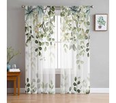 Cortinas transparentes con diseño de hojas de color verde salvia abstractas y ramas para decoración de sala de estar, cortinas para ventanas, cocinas, cortinas de organza y gasa de tul W135 x H115cm x1&Rod Pocket