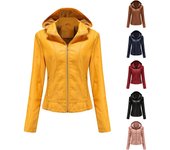 Chaqueta de cuero con capucha para mujer, chaqueta de cuero polar de manga larga con cremallera, abrigo ajustado de talla europea S rojo vino