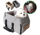 Asiento elevador portátil para coche con consola para mascotas y transportín para perros pequeños y gatos. Asiento para coche con reposabrazos central y correa de seguridad.