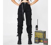 Pantalones de cintura alta, pantalones holgados para correr para mujer, pantalones harén de camuflaje del ejército, ropa de calle, pantalones Cargo negros Punk, pantalones Capris para mujer, pantalones coreanos S negro