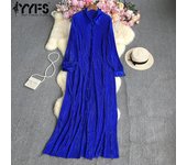 YYFS Vestidos casuales de cintura holgada con cuello tipo polo y manga larga con estampado de colores sólidos a la moda para mujer para primavera y otoño Size: One Size color zafiro
