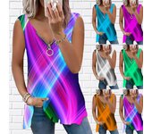 Top de mujer novedad de verano moda Color estampado cruzado Casual talla grande sin mangas cremallera cuello en V Top sin mangas XS púrpura
