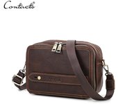 Mini bolsos de hombro de cuero genuino para hombre, bolsos cruzados casuales, bolsos de mano pequeños, bolsos de mensajero vintage para hombre café