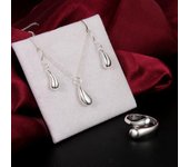 Moda mujer Plata de Ley 925 colgante de gota de agua collar pendientes anillos conjunto de joyería fiesta boda joyería regalos de navidad 45CM and 20cm
