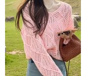Suéter de punto de esqueleto para mujer, primavera, verano y otoño, color liso, cuadrícula, parte inferior relajada, protector solar, para cubrirse. One Size negro