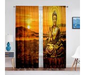 Cortina transparente con estatua de Buda budista, luz dorada y puesta de sol, para sala de estar, cocina, ventana, dormitorio, decoración, cortina de gasa de tul W65X60H(cm)X2Pcs&Hook