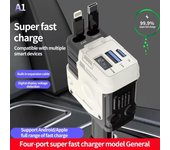 Cargador de coche 4 en 1 de 67 W con 2 cables retráctiles, adaptador de carga rápida USB tipo C para iPhone, Xiaomi y Huawei. blanco