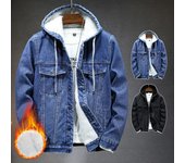 Chaqueta vaquera con capucha retro de otoño e invierno para hombre, abrigo con capucha y cortavientos de terciopelo grueso y cálido para hombre L negro