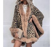 Otoño e invierno, capa con cuello de piel, cárdigan, suéter chal con estampado de leopardo para mujer None caqui