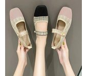 Zapatos Mary Jane tejidos de estilo coreano para Mujer, Zapatos cómodos y transpirables para Mujer, Zapatos informales con suela plana y punta cuadrada 36 negro