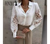 HNXC Blusas y camisas de manga larga con cuello tipo POLO para mujer, informales, a la moda, otoño e invierno, Color sólido S blanco