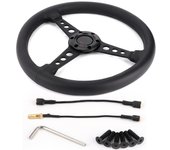 Volante de carreras de cuero negro estilo MOMO de 14 pulgadas y 350 mm con costuras negras y bocina.
