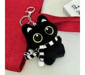 Lindo llavero de peluche con forma de gato negro de ojos grandes y bufanda, suave y chirriante, para parejas, mochila decorativa, regalo de Navidad.