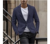 Blazer informal de otoño con botones para hombre, chaqueta de lino y algodón de manga larga con bolsillos transpirables de color liso y parches M azul oscuro