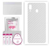 apgo Protective Skin Sticker for the back compatible with Samsung Galaxy A20, Wrap Film, Foil, Vinyl - Pattern Transparent Carbon