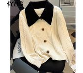 YYFS Suéteres de cuello polo de manga larga con estampado de colores sólidos informales de moda para mujer Otoño Invierno Size: One Size blanco