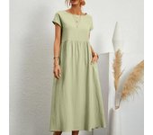Vestido suelto informal de verano para mujer, vestido de manga corta con cuello redondo, vestido de mujer con bolsillo, vestidos de lino y algodón para oficina S verde claro