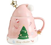 Tazas con gorro de Navidad, tazas de café, taza de té con tapa, cuchara de estrella, Papá Noel, hombre de jengibre, árbol de Navidad, taza de agua de cerámica, regalos, 470ml rojo