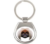 Pekinés, Pekinés, Peke - llavero geométrico con foto y la inscripción Art-Dog blanco