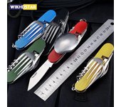 Cuchillo cuchara tenedor vajilla plegable 4 en 1 cuchara abridor de botellas de acero inoxidable cuchillo de fruta para acampar al aire libre cuchillo plegable rojo