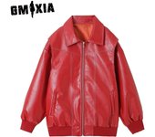 GMXIA Chaquetas y abrigos con cuello tipo POLO de manga larga para otoño e invierno con estampado de Color sólido informal vintage para mujer S rojo