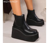 Botines de cuña de cuero para mujer, plataforma, tacones súper altos, tendencia de invierno 2025, botas de moto para mujer 35 negro