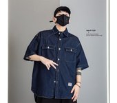 Camisa vaquera holgada de manga corta de marca de moda retro japonesa de verano, camisa de trabajo artística juvenil, chaqueta de capas para hombre y mujer M azul oscuro