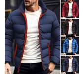 Chaqueta de plumón para hombre, cuello alto, manga larga, cierre de cremallera completo, color liso M rojo vino