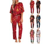 Conjunto de pijama de satén de seda helada con estampado navideño para mujer, conjunto de camisa de manga corta y pantalones de pijama largos, ropa suave para el hogar L oro