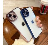 Funda de teléfono con marco de galvanoplastia de lujo para iPhone 15 14 13 12 11 XR XS Max Funda protectora trasera con lente de orificio fino para iPhone SE 2020 6 7 8 Plus iPhone 15 púrpura