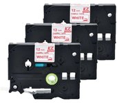 Cinta de etiquetas termoadhesiva de tela compatible con impresora de etiquetas Brother P touch de 12 mm x 3 m, roja sobre blanca, TZe-FA232, para máquina de etiquetas para ropa red on white