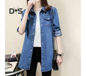 Camisa de mujer con solapa, manga larga, corte holgado, largo medio, estilo vaquero, ropa de calle básica para desplazamientos diarios con bolsillos L azul oscuro