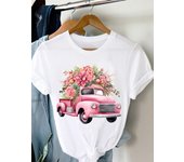 (Tamaño asiático) Camiseta para mujer, Top con estampado de moda de manga corta y camión de flores de San Valentín, ropa informal para mujer, camisetas gráficas para mujer S