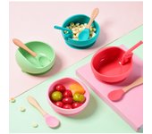 Suministro de cuchara de bambú succionadora, platos para niños, tazón de silicona de grado alimenticio para niños pequeños, vajilla de silicona verde