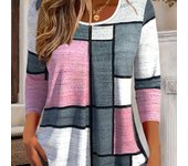 Camiseta con estampado de cuadrícula de talla grande: elegante top de cuello redondo y manga larga con... S