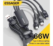 Essager 6A 66W 3 en 1 Cable USB tipo C Cable Micro USB para iPhone 14 13 12 Pro Max Samsung Xiaomi Huawei POCO Cable de datos de teléfono móvil 1.2m negro