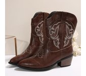 Botas vaqueras occidentales con bordado marrón retro para mujer, botines de tacón grueso y punta puntiaguda, sin cordones, talla grande 36
