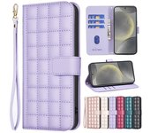 Funda tipo billetera con ranuras para tarjetas y cuadrícula en relieve de lujo para iPhone, Samsung, Xiaomi Redmi, funda de cuero PU con tapa magnética y pulsera Samsung S23 FE rojo vino