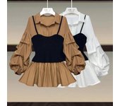 Camisa informal y elegante de dos piezas, camisa de retales a juego con solapa, manga farol adelgazante, empalme falso XXXXL blanco