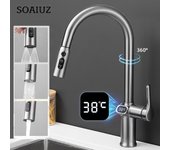 Grifo de cocina con temperatura, extraíble, con función de pantalla digital y giratorio. blanco