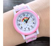 Nuevo Reloj con banda de silicona con estampado de nube de arcoíris para niños y niñas, bonitos relojes de cuarzo con dibujos animados, reloj para niños y niñas color rosa