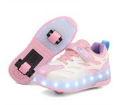 Nuevos Zapatos de Polea de Doble Rueda Zapatos para Niños Zapatos para Niños con Ruedas Zapatos de Patinaje para Niñas Brillo 40 blanco