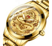 Reloj de cuarzo de negocios resistente al agua informal a la moda para hombre, Relojes de marca de lujo con diamantes de imitación y ojos rojos de dragón oro