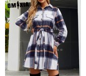 GMXIA Moda Mujer Otoño Invierno Sólido Estampado A Cuadros Manga Larga Cuello POLO Cintura Alta Vestidos Casuales S azul oscuro