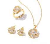 Conjunto de joyas con aretes, collar, anillo y flores de circón, conjunto de joyas con circón redondo de 24 quilates. Open ring three-piece set rojo